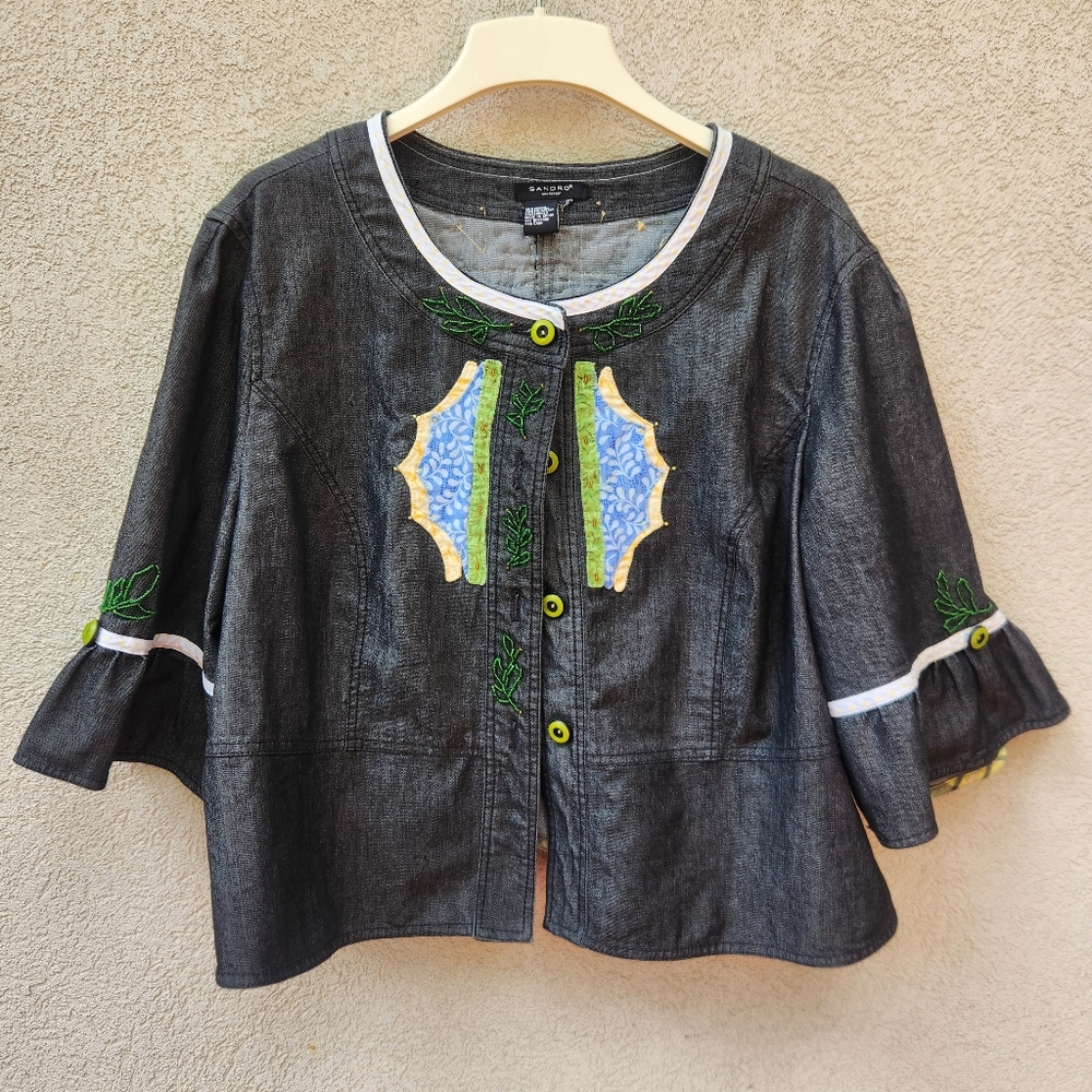 SANDRO Sportswear Women's Jacket Large Black Floral Applique Artsy Boho Peplum - Picture 2 of 12